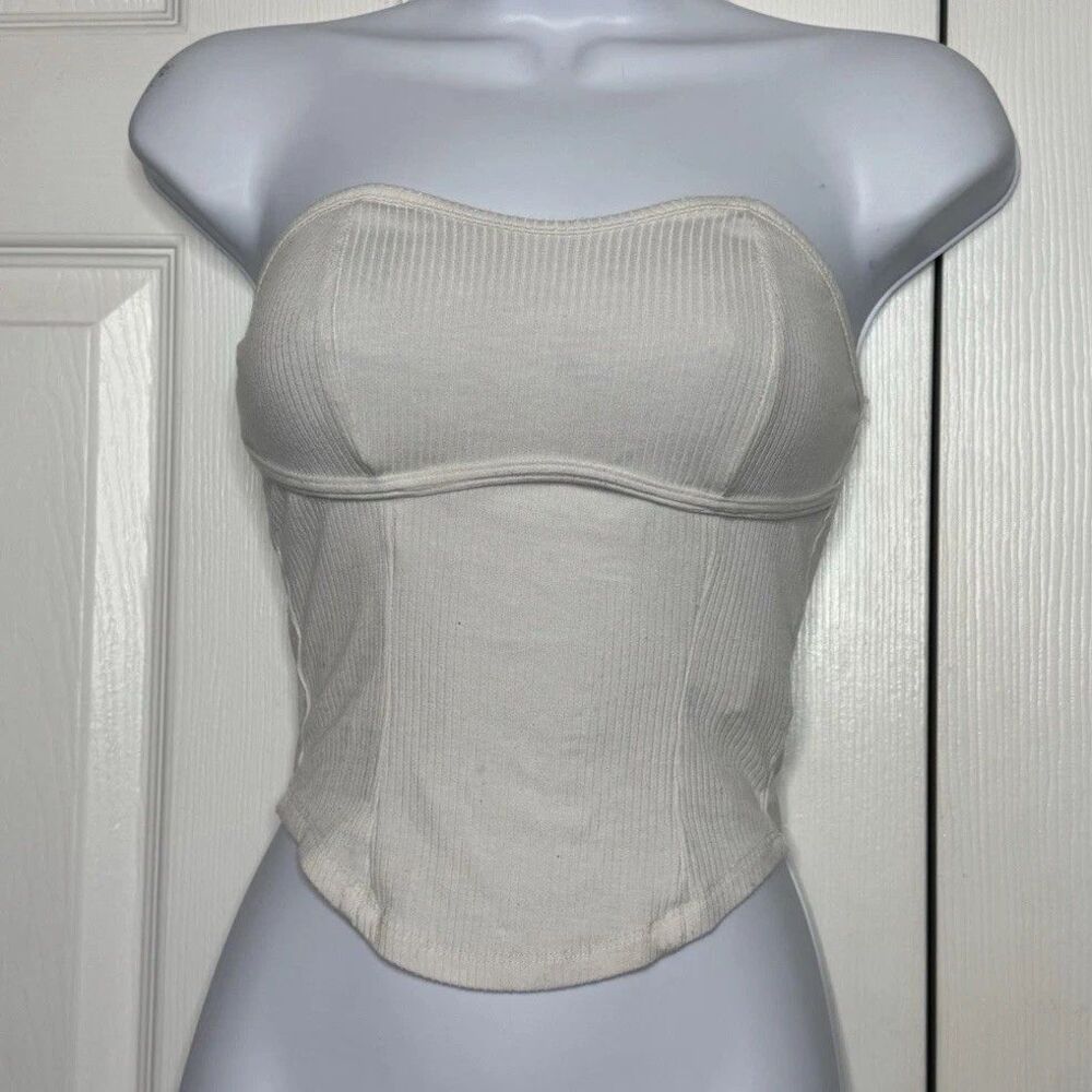 Shein XS Cream Ribbed Strapless Corset Style Bandeau Crop Top